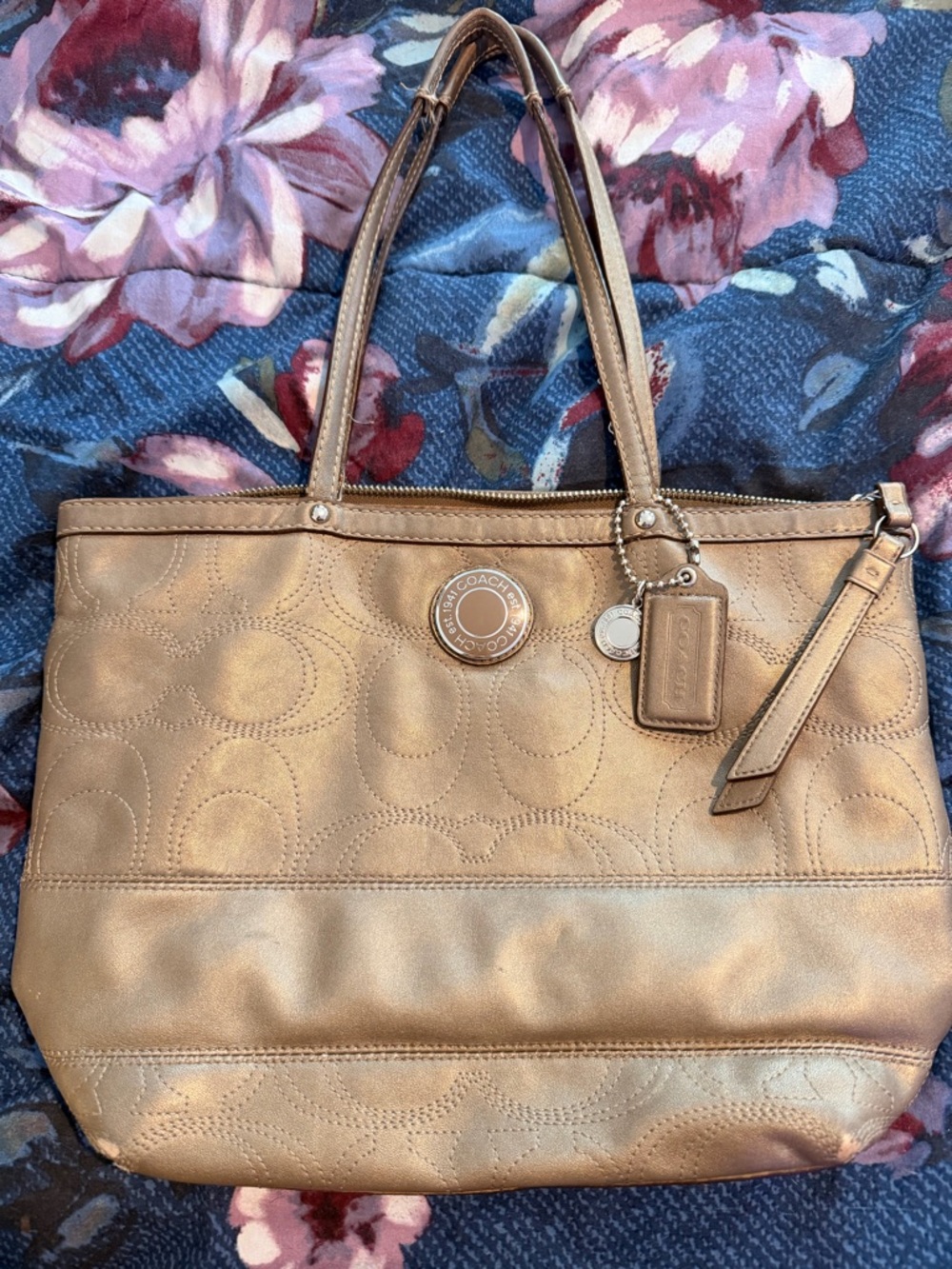 Coach Metallic Bronze Leather Tote with Signature Embossing